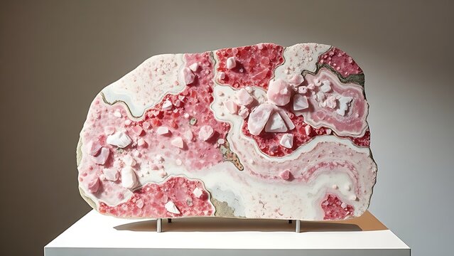 pegmatite. Polished slab of pegmatite rock showing intricate crystal patterns. STEM education sheets, lab safety posters, designed for biotech research communications, used by sales representatives.
