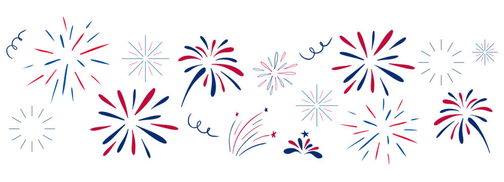 USA Independence day firework border, red and blue 4 july party decoration. Usa flag color firework border, firecracker frame