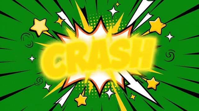 Vibrant crash dynamic text animation featuring a retro comic book speech bubble on a chroma key green screen background, high resolution 4K motion graphic for video editing and overlay.