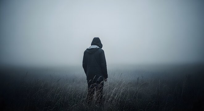 Lone figure wearing hooded jacket standing in middle of vast foggy field at dawn with tall grass and thick mist creating mysterious atmosphere of isolation and unknown path forward now.