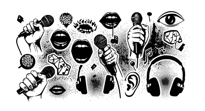 Grunge music collage vector elements with halftone textures microphone hands and headphones isolated on transparent background