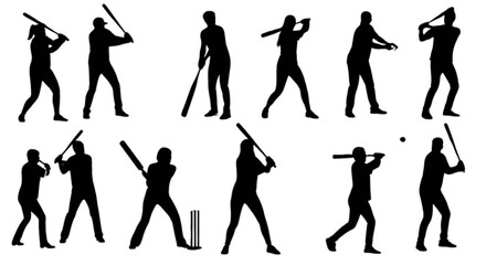 Fototapeta premium A group of black silhouettes of people playing cricket isolated on transparent background, Vector