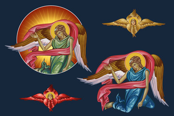 Fototapeta premium Illustration - fresco with angels and seraphim. Set in Byzantine style