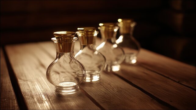 cruets. Elegant glass cruets on a rustic wooden table with warm reflections. menu design, packaging mockups, designed for food delivery and cloud-kitchen brand materials, used by lab technicians.
