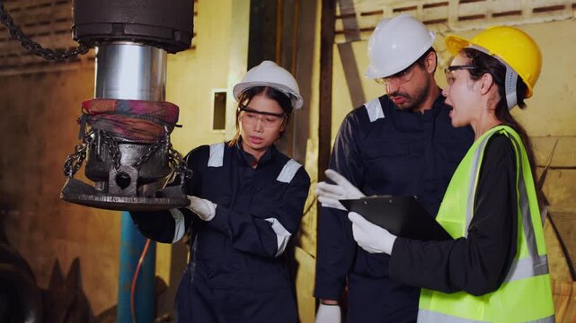 Confident factory worker team and professional engineer conduct focused safety inspection on heavy industrial machinery wearing protective helmet equipment sharing maintenance knowledge