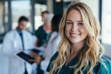 Obraz premium Young female medical professional smiling in hospital corridor