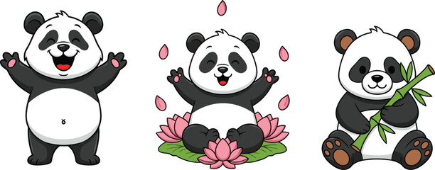 Cartoon Pandas in Joyful and Peaceful Poses with Lotus Flowers, Bamboo, and Expressive Gestures for Children’s Storybooks, Nature, and Educational Media Designs © MbBasir