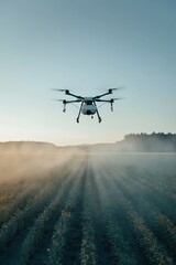 Fototapeta premium Autonomous drone hovering above foggy crop rows at sunrise