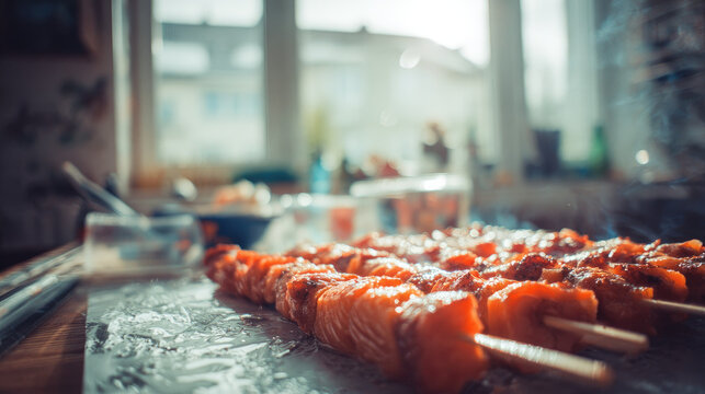 Meatless grilled skewers arranged on kitchen table with sunlight streaming through window, creating warm and inviting atmosphere for delicious meal