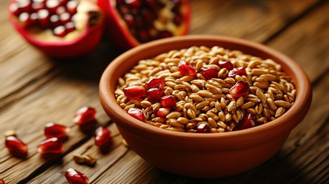 terracotta. A terracotta bowl filled with grains and pomegranates on a rustic wooden table. menu design, packaging mockups, designed for food delivery and cloud-kitchen brand materials.