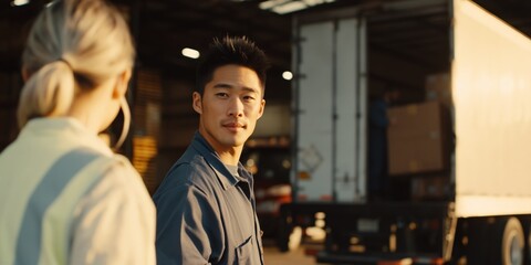 Fototapeta premium Man worker looking toward colleague in warehouse yard