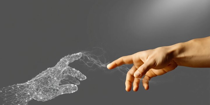 Human hand reaching toward wireframe network hand in studio