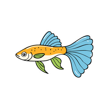 Cartoon illustration of a small orange and blue guppy fish swimming gracefully