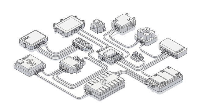 Isometric vector illustration of an automotive electrical system CAD drawing showcasing the wiring diagram circuit, a technical design using computer-aided design on a white background