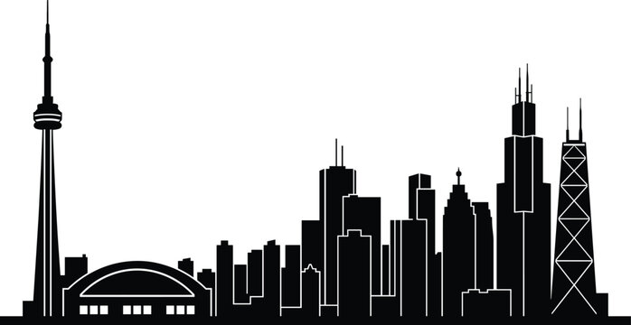 City skyline silhouette illustration featuring CN Tower, Rogers Centre, skyscrapers, and iconic architecture, urban landmark vector, modern metropolitan design, black-and-white drawing