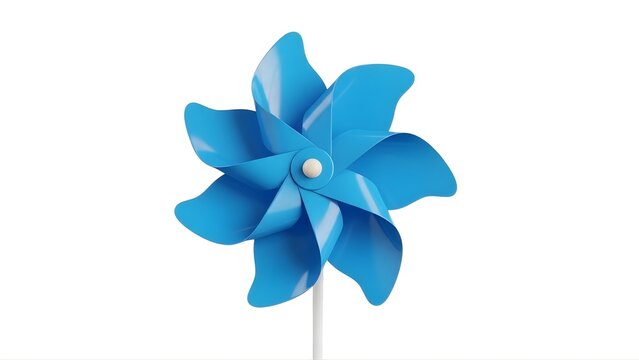 A bright blue plastic pinwheel on a white background