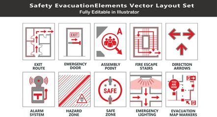 Safety evacuation vector icons set, top view emergency layout symbols, exit routes, fire escape stairs, alarm systems, assembly points, CAD plan © ArtFlex