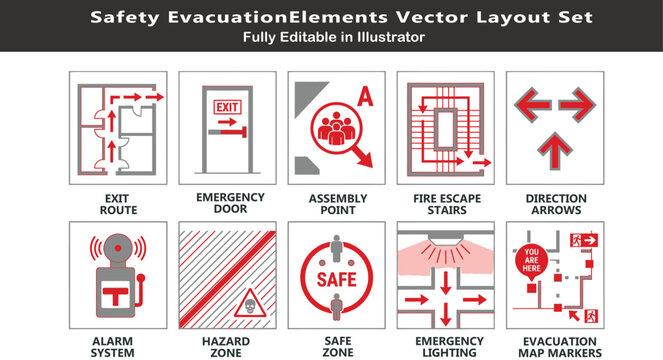 Safety evacuation vector icons set, top view emergency layout symbols, exit routes, fire escape stairs, alarm systems, assembly points, CAD plan