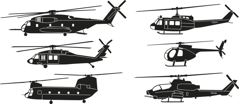 Helicopter silhouette illustration set featuring transport, utility, light, tandem-rotor, and attack helicopters, aviation vector graphic, diverse aircraft design, black-and-white drawing