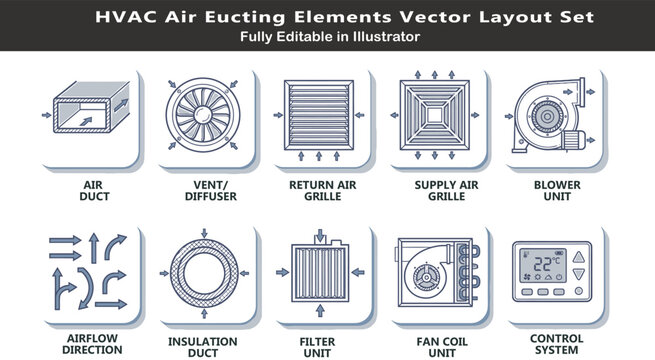 HVAC ducting system vector icons set, top view air distribution layout, ducts, vents, grilles, airflow, fan coil, mechanical CAD symbols