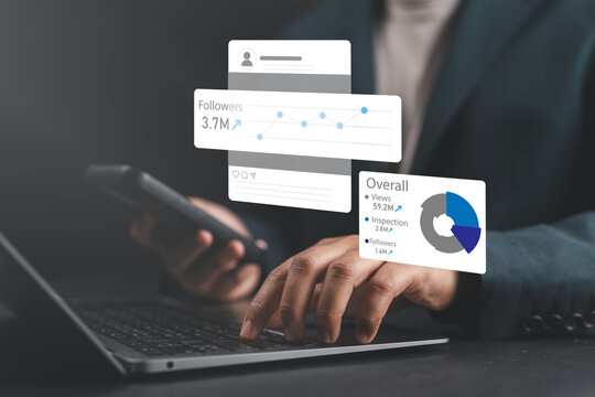 Businessman analyzing digital marketing campaign data with ROAS, impressions, and performance charts, representing ad spend, clicks, return on investment, and growth analytics.