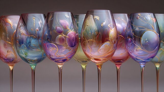 decade. Artistic visualization of wine glasses becoming more fragile with each decade marker, balancing enjoyment and health, bar promotions.
