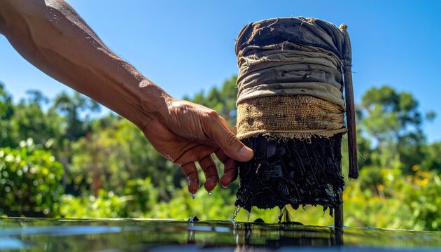 Hand meticulously cleaning a primitive water filter made from layered cloth outdoors