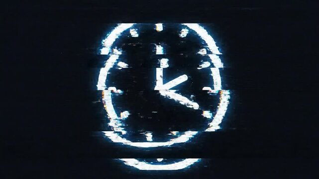 Futuristic digital clock concept icon featuring a vibrant glitch art effect with distorted pixels and chromatic aberration in a high resolution 4K motion graphics animation loop for time themes.