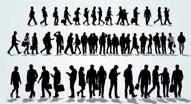 A vector graphic illustration of a crowd of people walking in silhouette