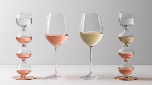 decade. Artistic visualization of wine glasses becoming more fragile with each decade marker, balancing enjoyment and health, bar promotions.