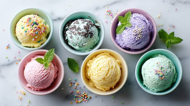 scoops. Colorful ice cream scoops in pastel bowls with vibrant sprinkles, creating a sweet delight. menu design, packaging mockups, designed for culinary blogs and recipe cards for restaurants.