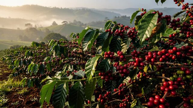 Serene sunrise over lush coffee farm with ripe red cherries glistening in the morning light