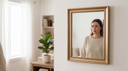 Fototapeta premium Shocked young woman looking at reflection in mirror with worried expression in bright home interior