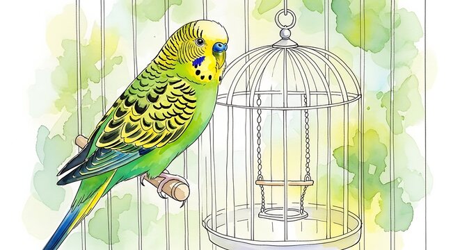 Budgie perched beside an ornate birdcage with a vintage aesthetic