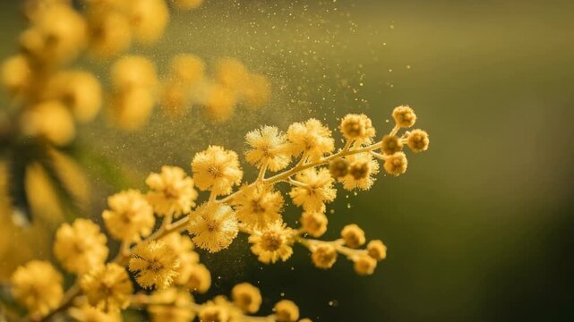 Close up of golden yellow wattle flowers releasing fine pollen particles in gentle motion