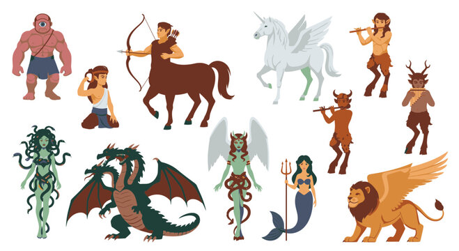 Set of Mythical Creatures and Legendary Monsters Vector Illustration Featuring Cyclops Centaur Pegasus Medusa Mermaid Griffin and Satyr Characters