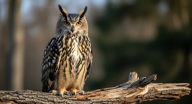 Majestic eagle owl perched on a weathered branch in dim lighting