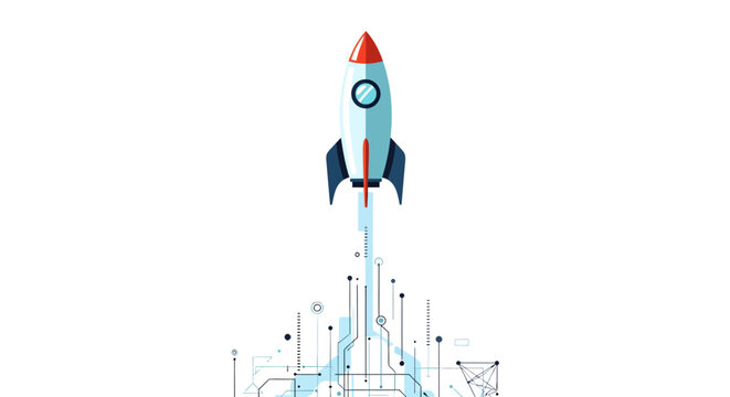 Rocket ship launching into space with graph background