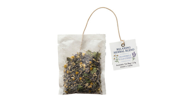 Tea bag containing a loose herbal blend hangs by a string with a small paper tag, isolated against a plain white background for product display.