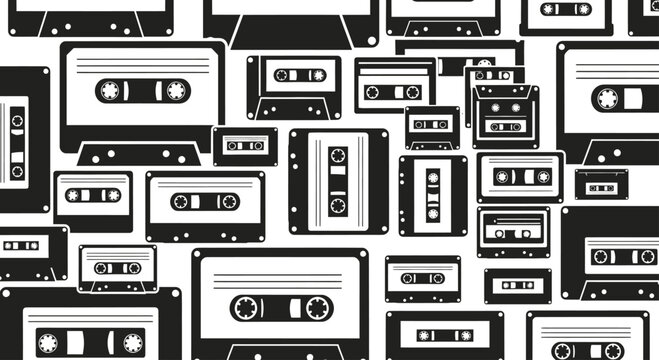 A seamless pattern of black cassette tapes on a white background