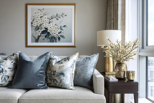 Soft blue and floral decorative pillows arranged on light textured sofa with side table holding gold lamp and vase of white flowers by large window in cozy living room