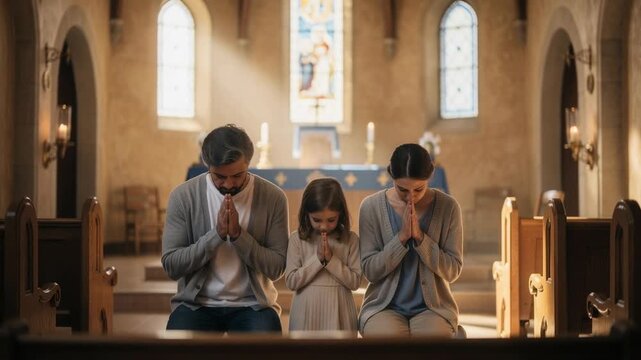 Family praying together inside a sunlit church showing reverence unity and deep faith