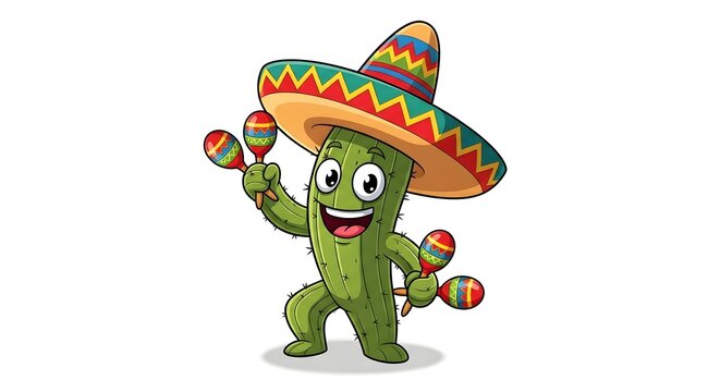 cartoon cactus wearing sombrero and maracas