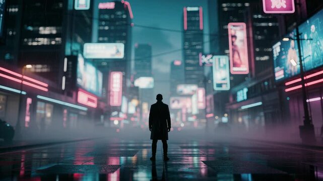 Lone figure standing in rainy neon lit cyberpunk city street at night vibrant futuristic urban scene