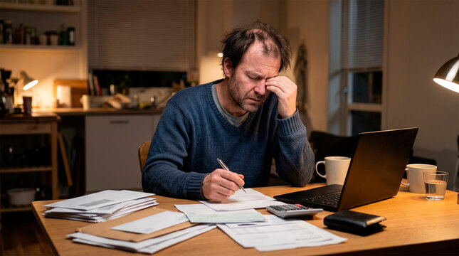 A stressed man sitting at a table with bills and a laptop. He has a worried expression, reflecting financial pressure and struggle