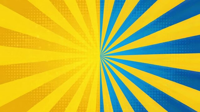 Dynamic Split Background: A striking visual split featuring vibrant yellow and blue radial sunburst patterns, accented with subtle halftone dots, creating a bold graphic design.