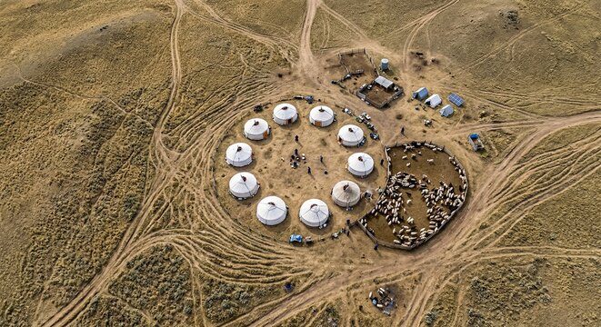 Aerial view of a circular yurt camp on open steppe with radial paths and nomadic settlement geometry.generative AI