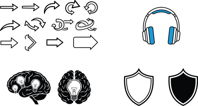 Vector Icon Set &ndash; Arrow Navigation, Headphones, Brain Idea and Security Shield Outline Illustration