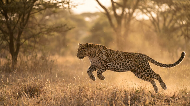 African Leopard Leaping in Savanna at Sunset