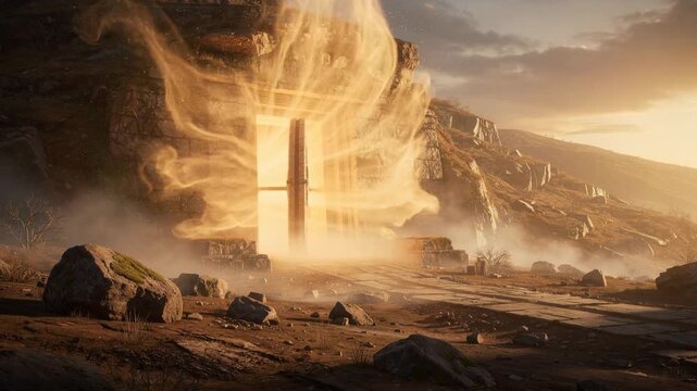 Massive ancient vault door embedded in rocky hillside slowly creaks open revealing mystery